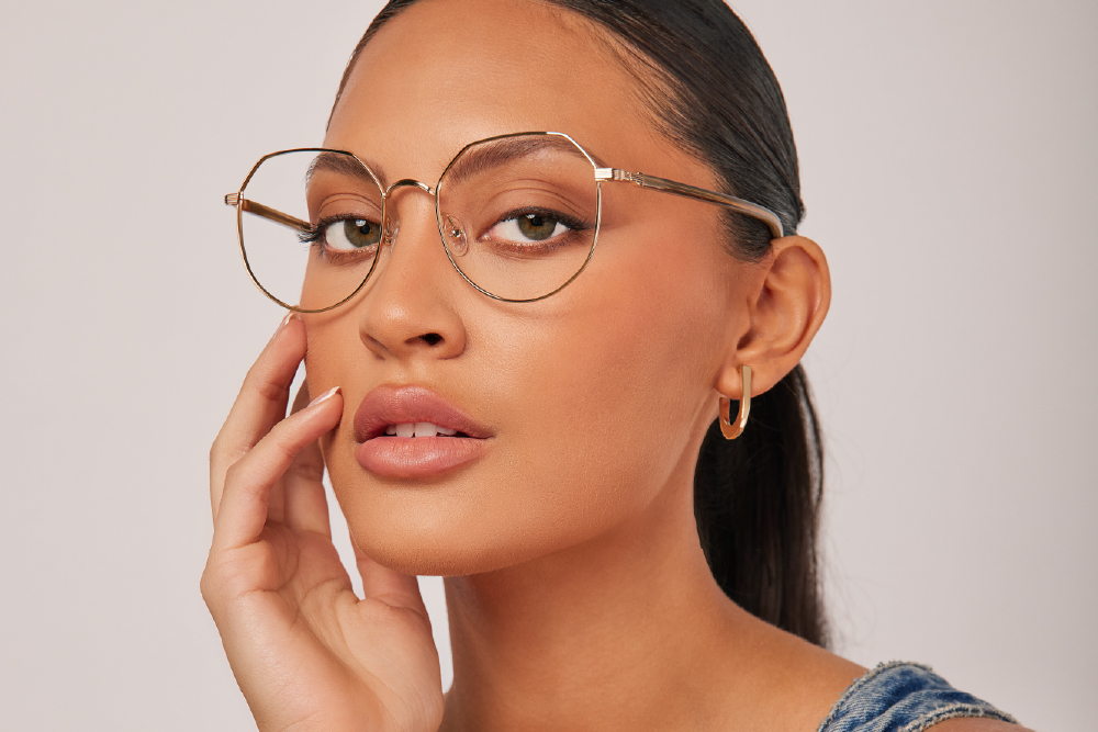 Bowery Stainless Steel eyeglasses frame worn by model.