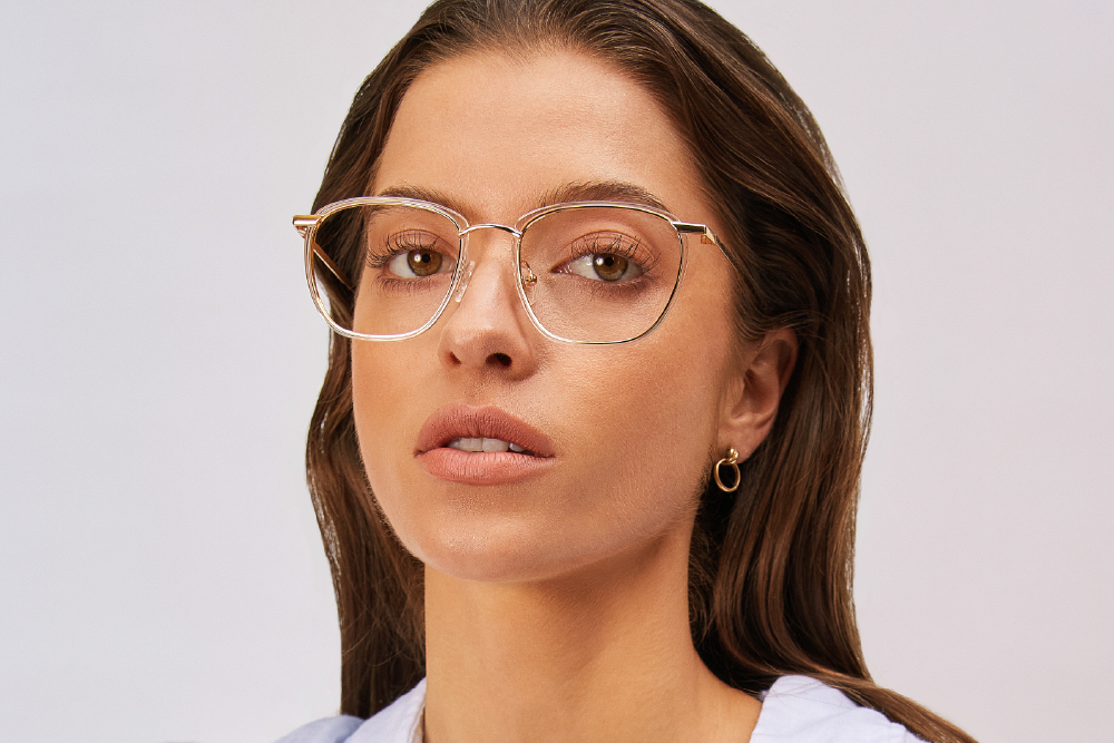 Drew Acetate and Metal eyeglasses frame worn by model.
