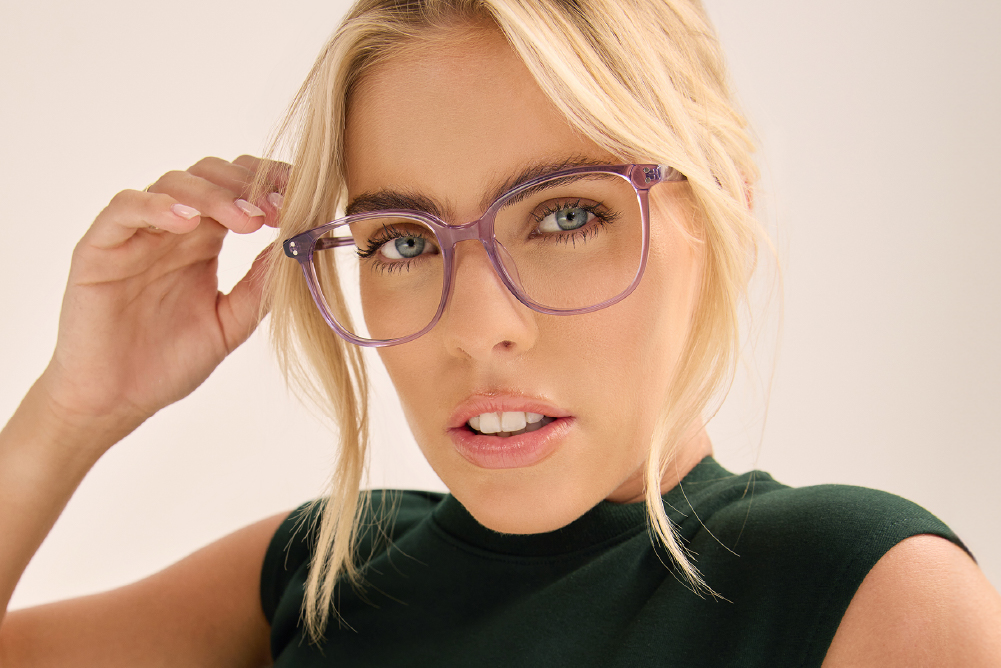Poppy Acetate eyeglasses frame worn by model.